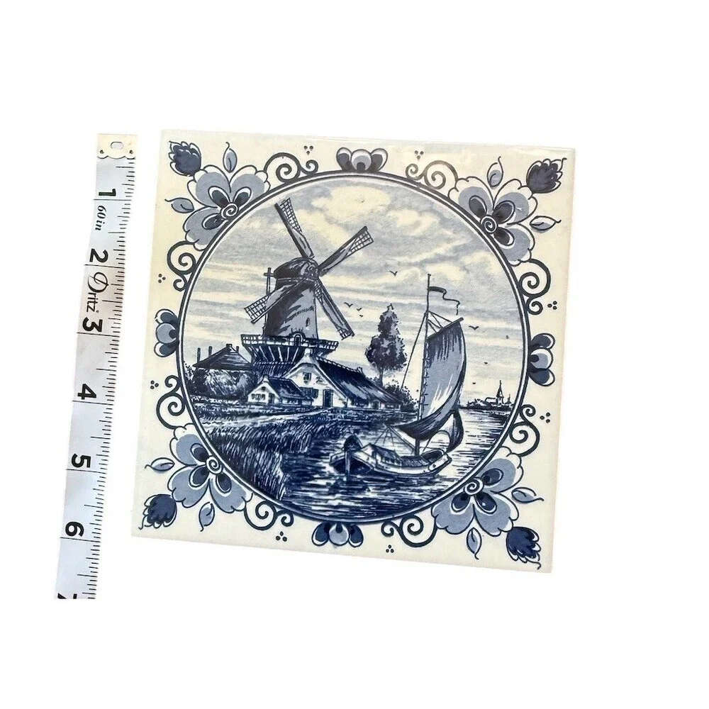 Delfts Blauw Delft Blue Windmill Sailboat Decorative Tile Trivet 6in - Picture 2 of 6